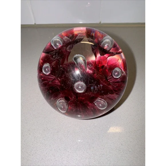 Vintage 2003 Joe Rice Glass Paperweight,Cranberry Pink Trumpet Flowers & Bubbles - Picture 2 of 7